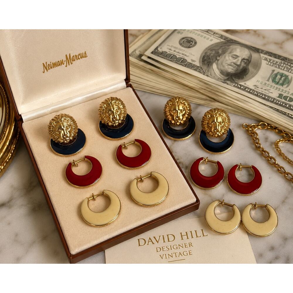 Vintage David Hill Lion Head Earring
Interchangeable Navy Red Beige Enamel Hoops